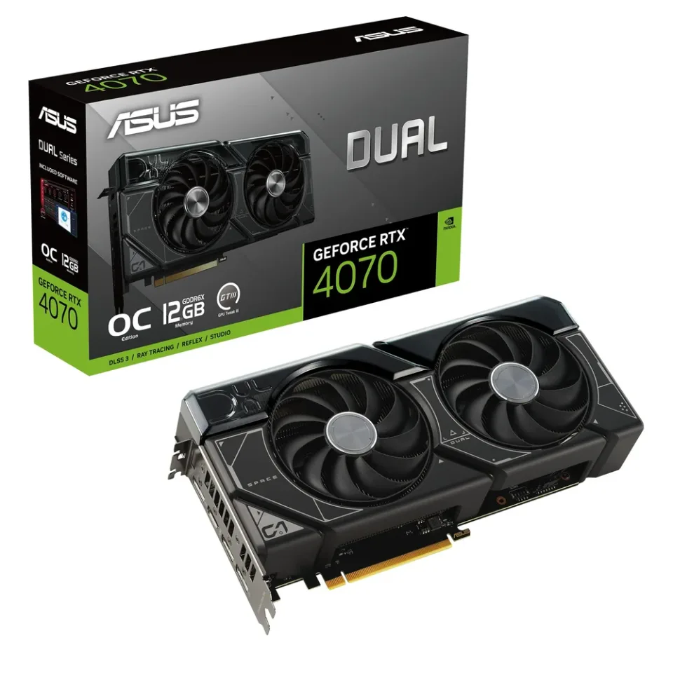 ASUS Dual GeForce RTX 4070 OC Edition 12GB GDDR6X graphics card — Product photo
