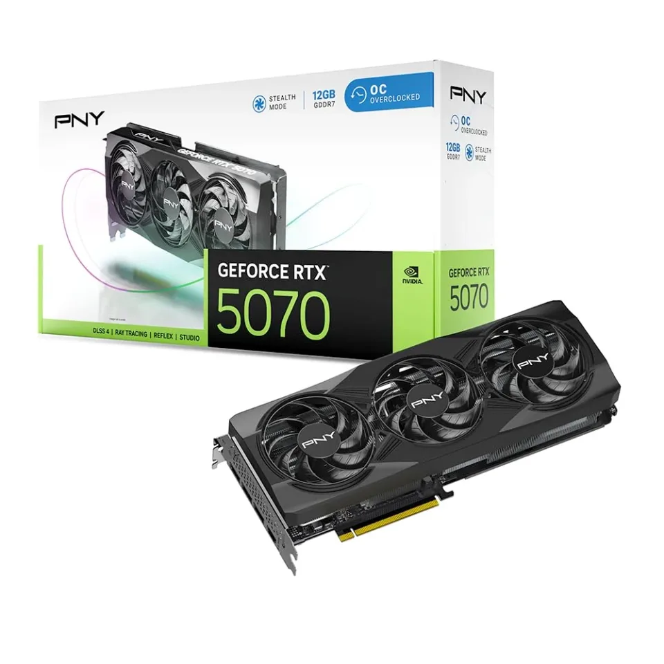 PNY GeForce RTX 5070 12GB Overclocked Triple Fan graphics card — Product photo