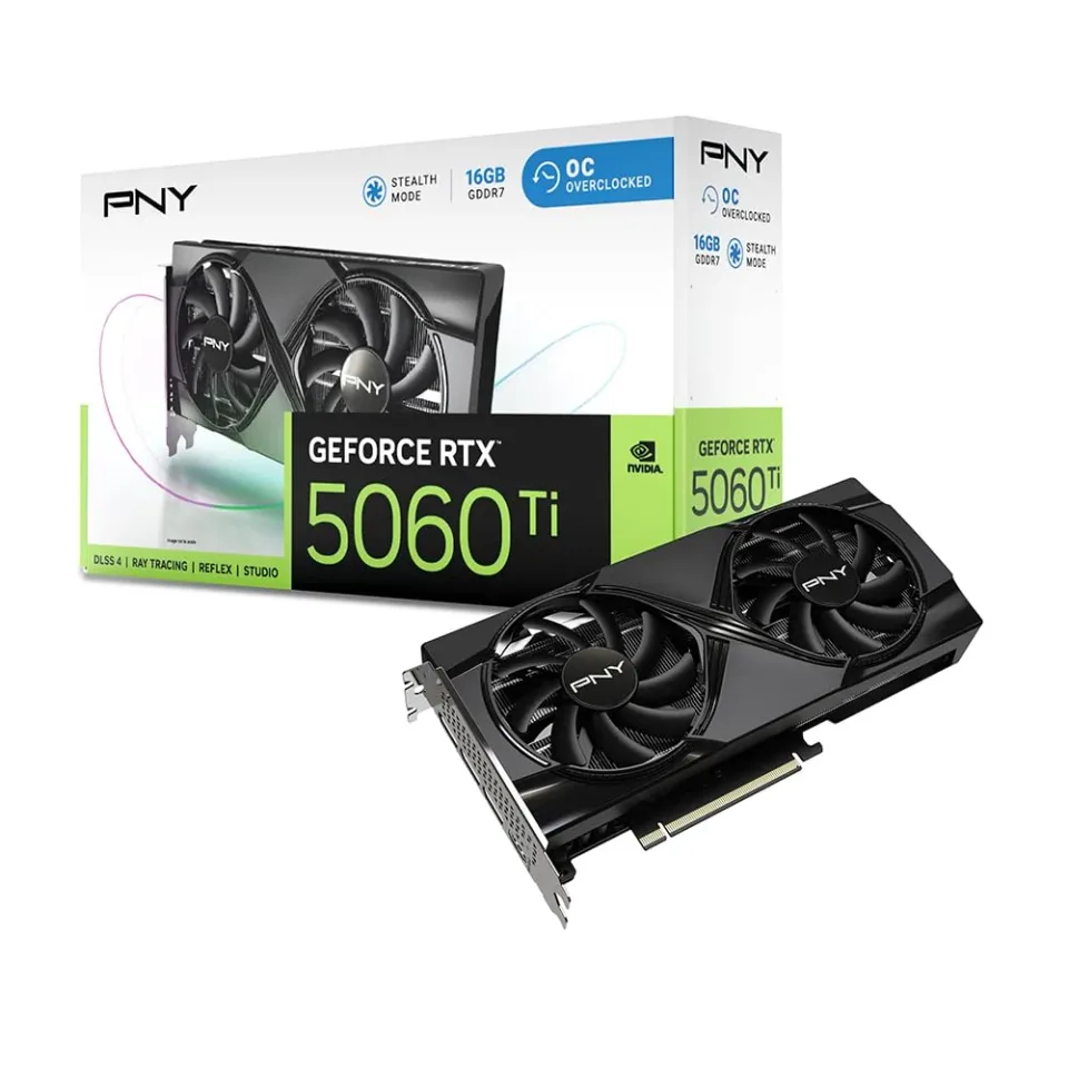 PNY GeForce RTX 5060 Ti 16GB Overclocked Dual Fan graphics card — Product photo