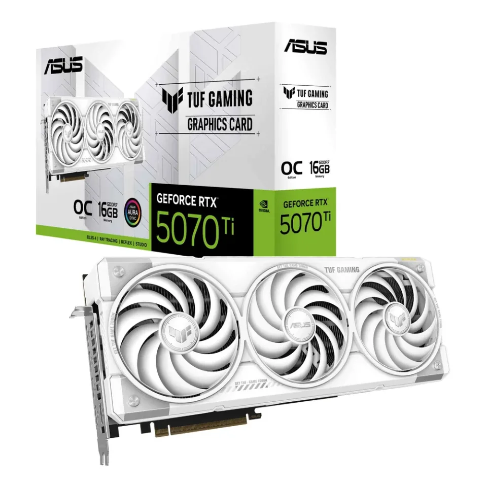 ASUS TUF Gaming GeForce RTX 5070 Ti 16GB White OC Edition graphics card — Product photo