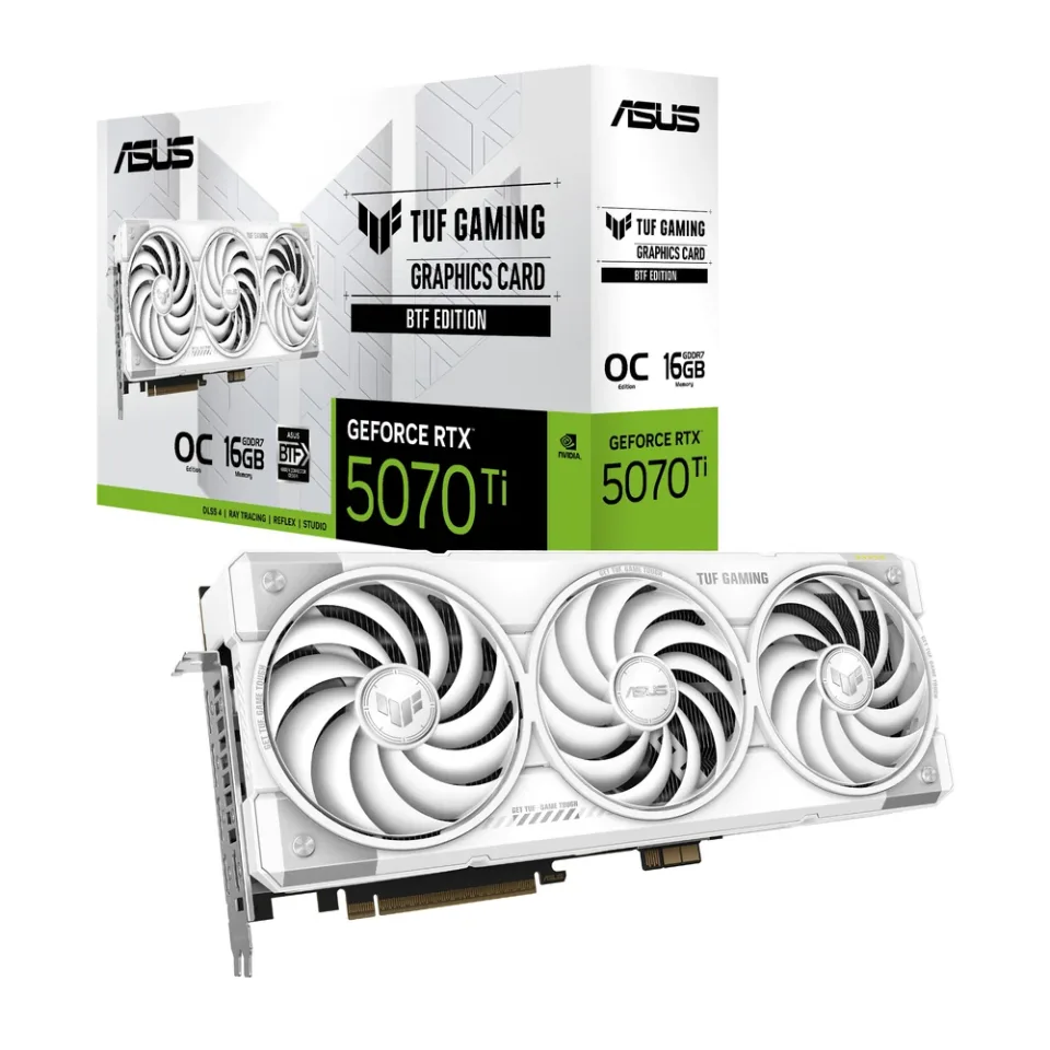 ASUS TUF Gaming GeForce RTX 5070 Ti BTF White OC Edition graphics card — Product photo