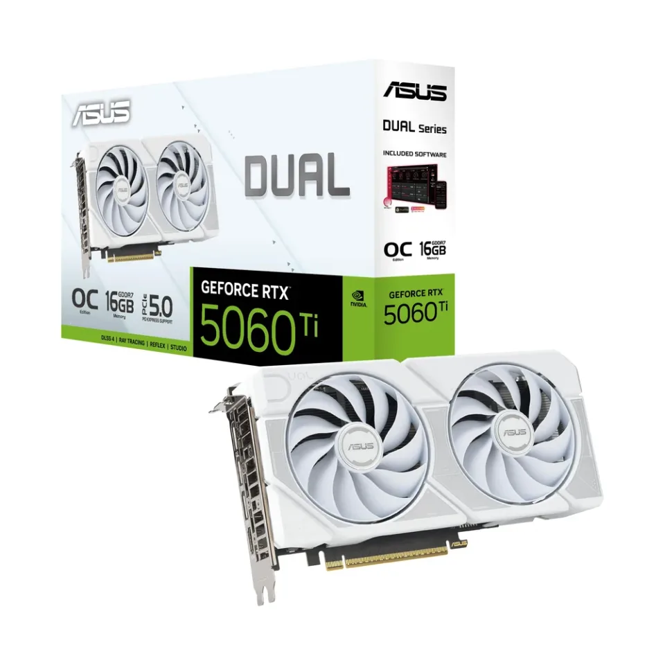 ASUS Dual GeForce RTX 5060 Ti 16GB GDDR7 White OC Edition graphics card — Product photo
