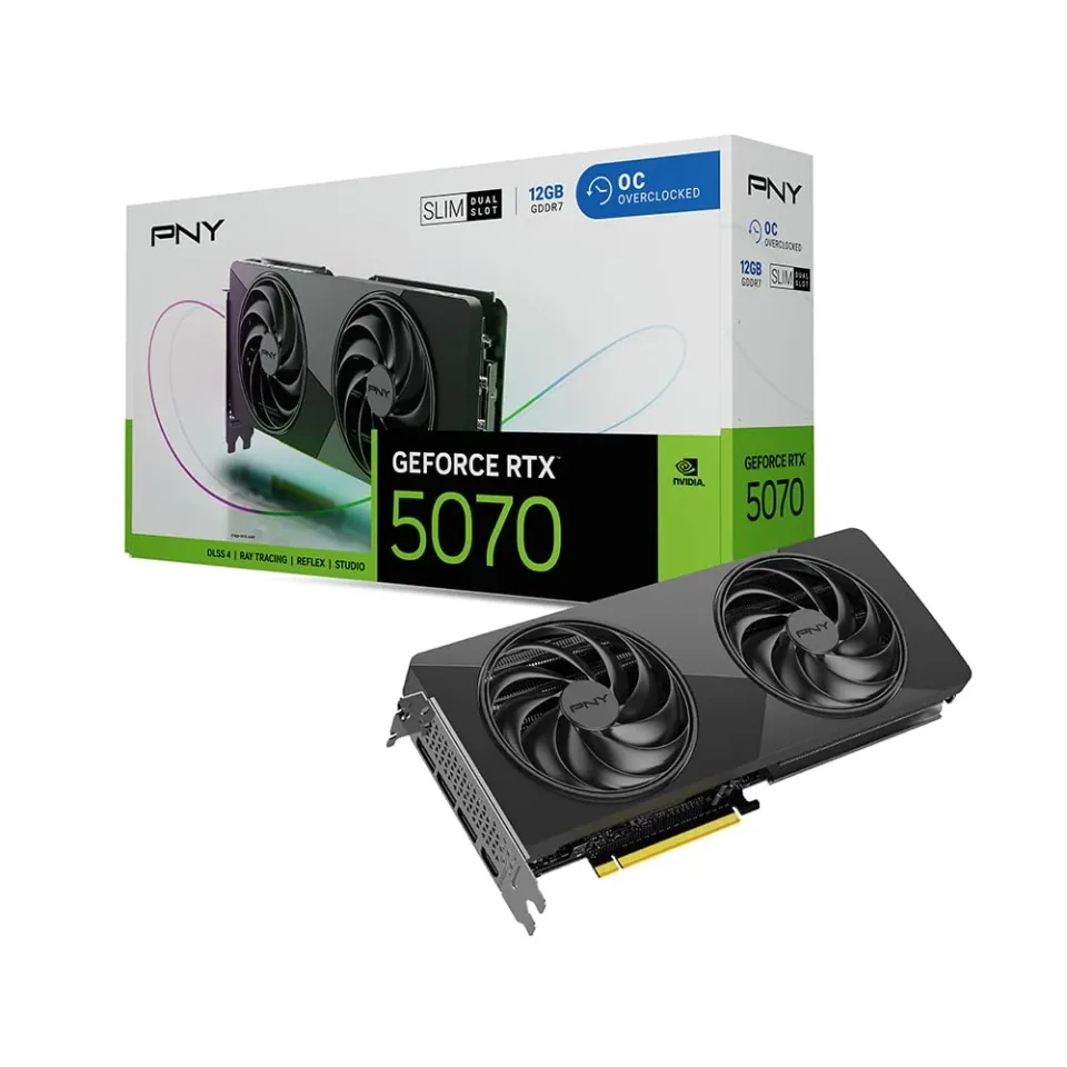 PNY GeForce RTX 5070 12GB OC Dual Fan Slim graphics card — Product photo