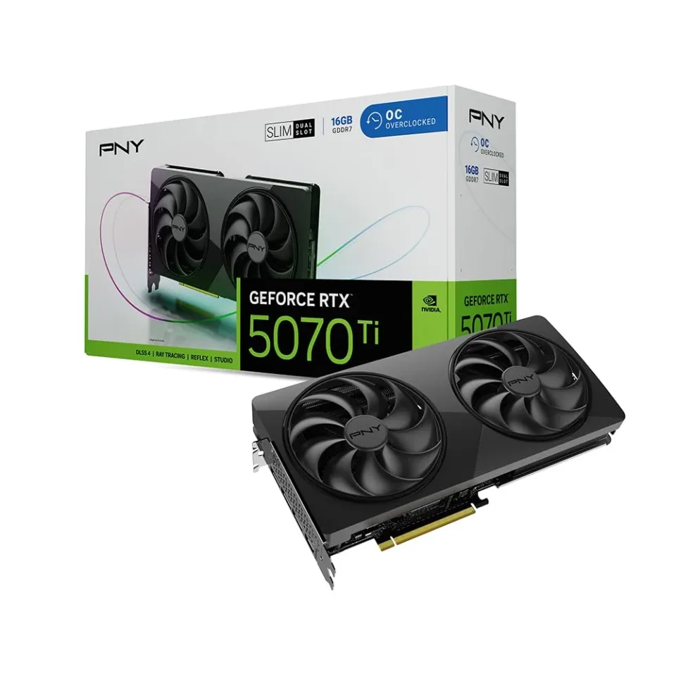 PNY NVIDIA GeForce RTX 5070 Ti Slim OC Dual-Fan Dual-Slot graphics card — Product photo
