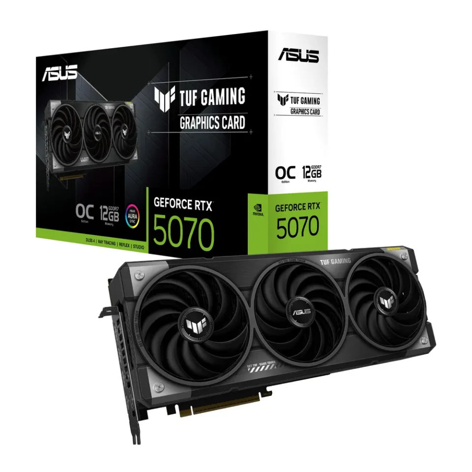ASUS TUF Gaming GeForce RTX 5070 OC Edition 12GB GDDR7 graphics card — Product photo