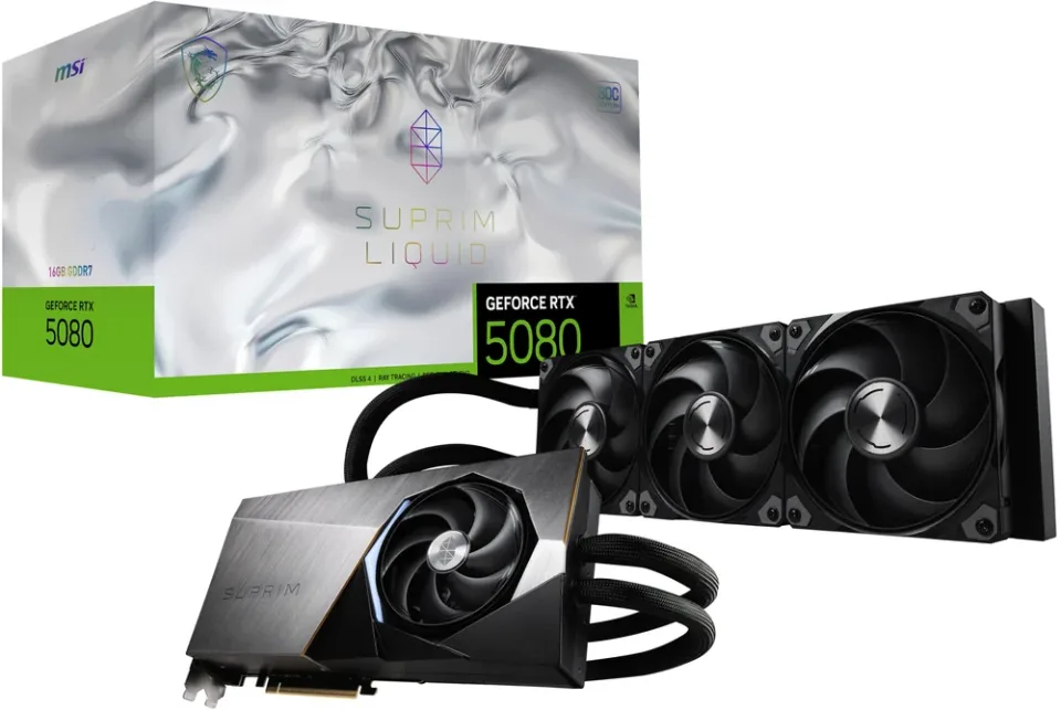 MSI GeForce RTX 5080 16G SUPRIM LIQUID SOC graphics card — Product photo