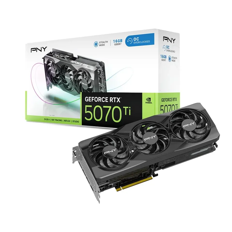 PNY NVIDIA GeForce RTX 5070 Ti OC Triple-Fan graphics card — Product photo