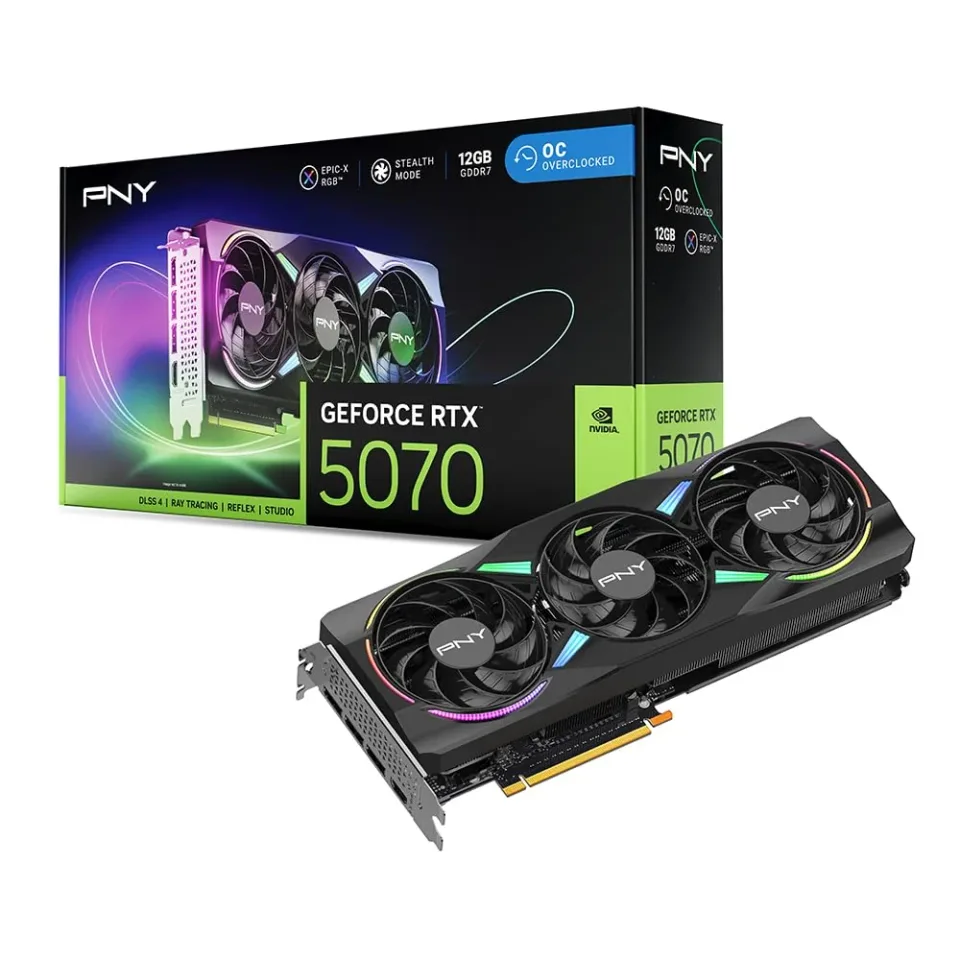 PNY NVIDIA GeForce RTX 5070 EPIC-X RGB OC Triple-Fan graphics card — Product photo