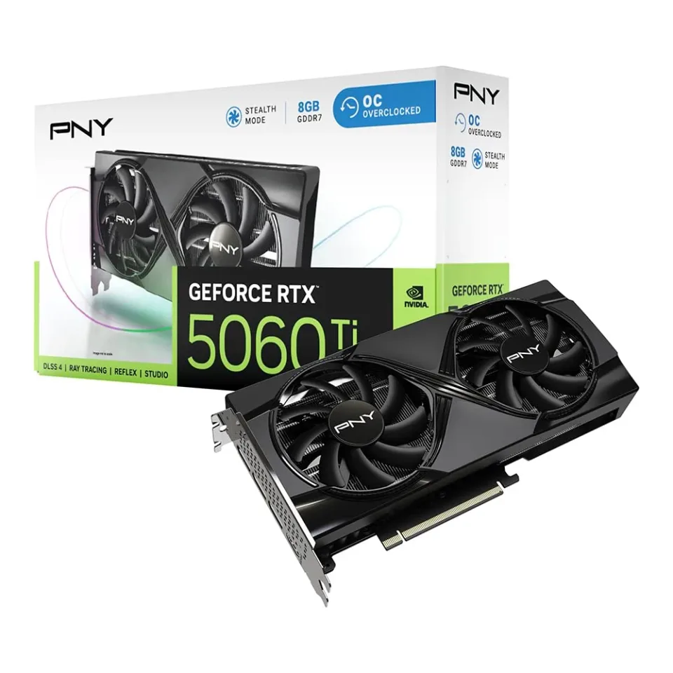 PNY NVIDIA GeForce RTX 5060 Ti 8GB OC Dual-Fan graphics card — Product photo