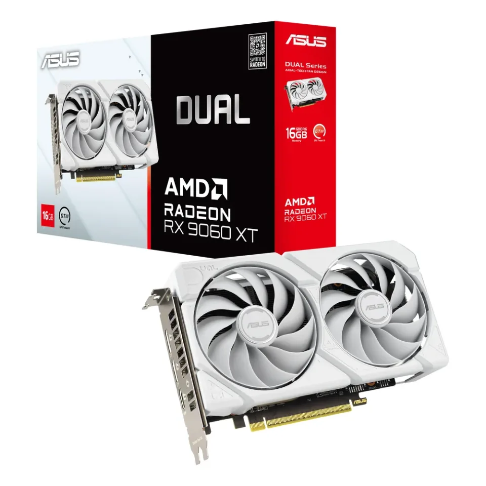 ASUS Dual Radeon RX 9060 XT 16GB GDDR6 White Edition graphics card — Product photo