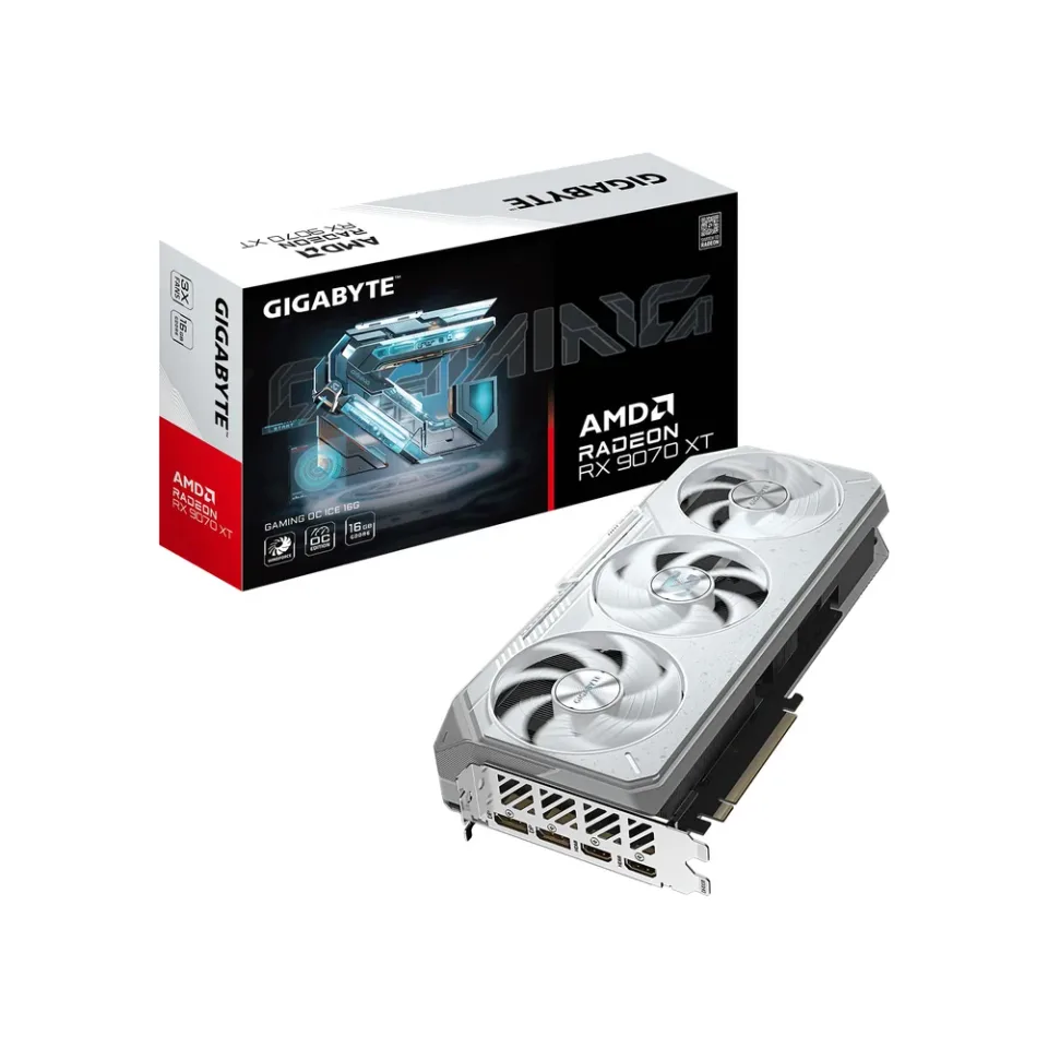 GIGABYTE Radeon RX 9070 XT GAMING OC ICE 16G graphics card — Product photo