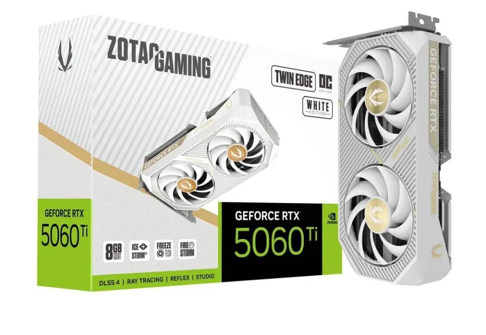 ZOTAC GAMING GeForce RTX 5060 Ti 8GB Twin Edge OC White Edition graphics card — Product photo